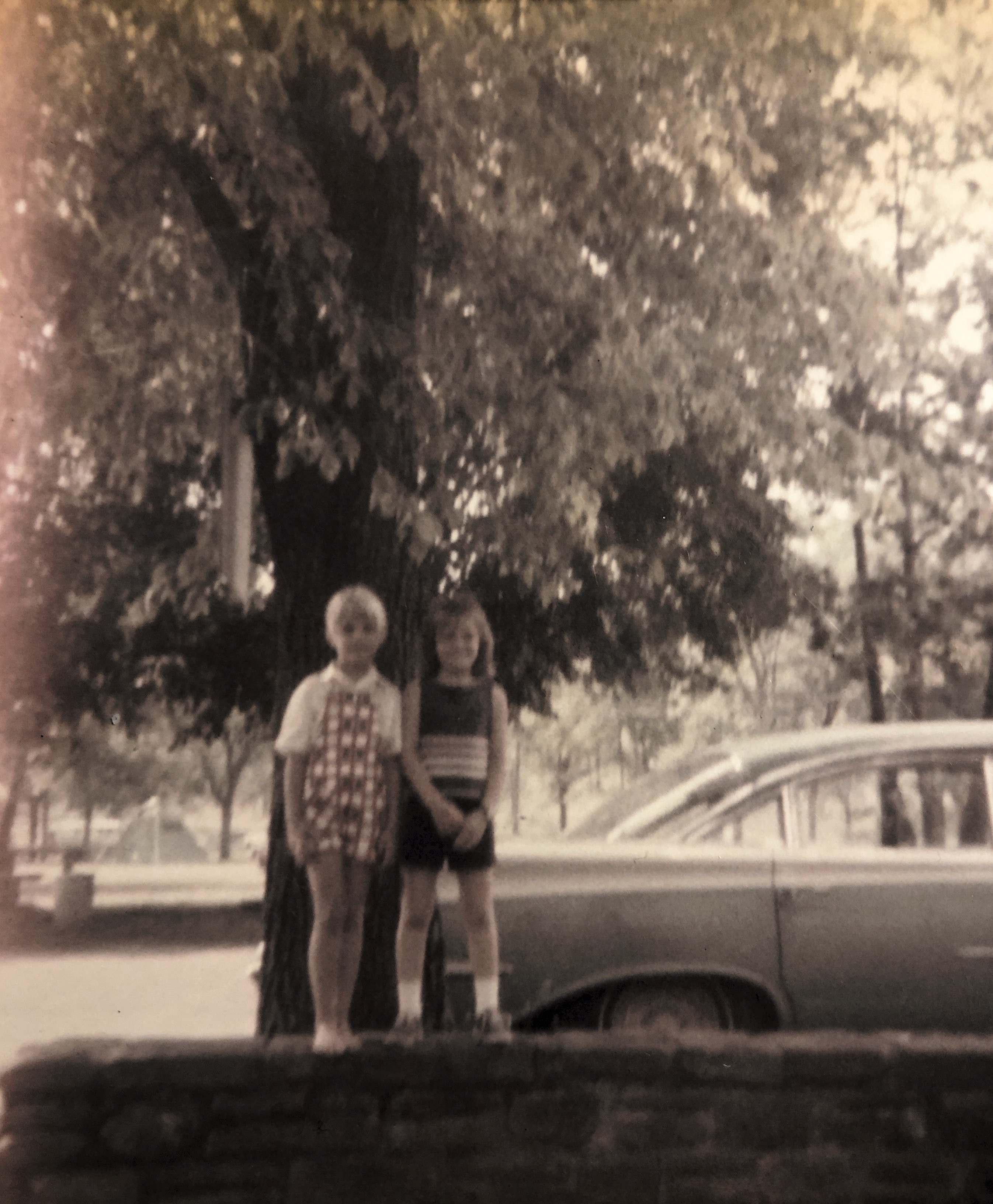 Kim Sims Kastl and Lori Rogers at the old LFS State Park in Mountainburg, Ar   Approx 1970-‘71