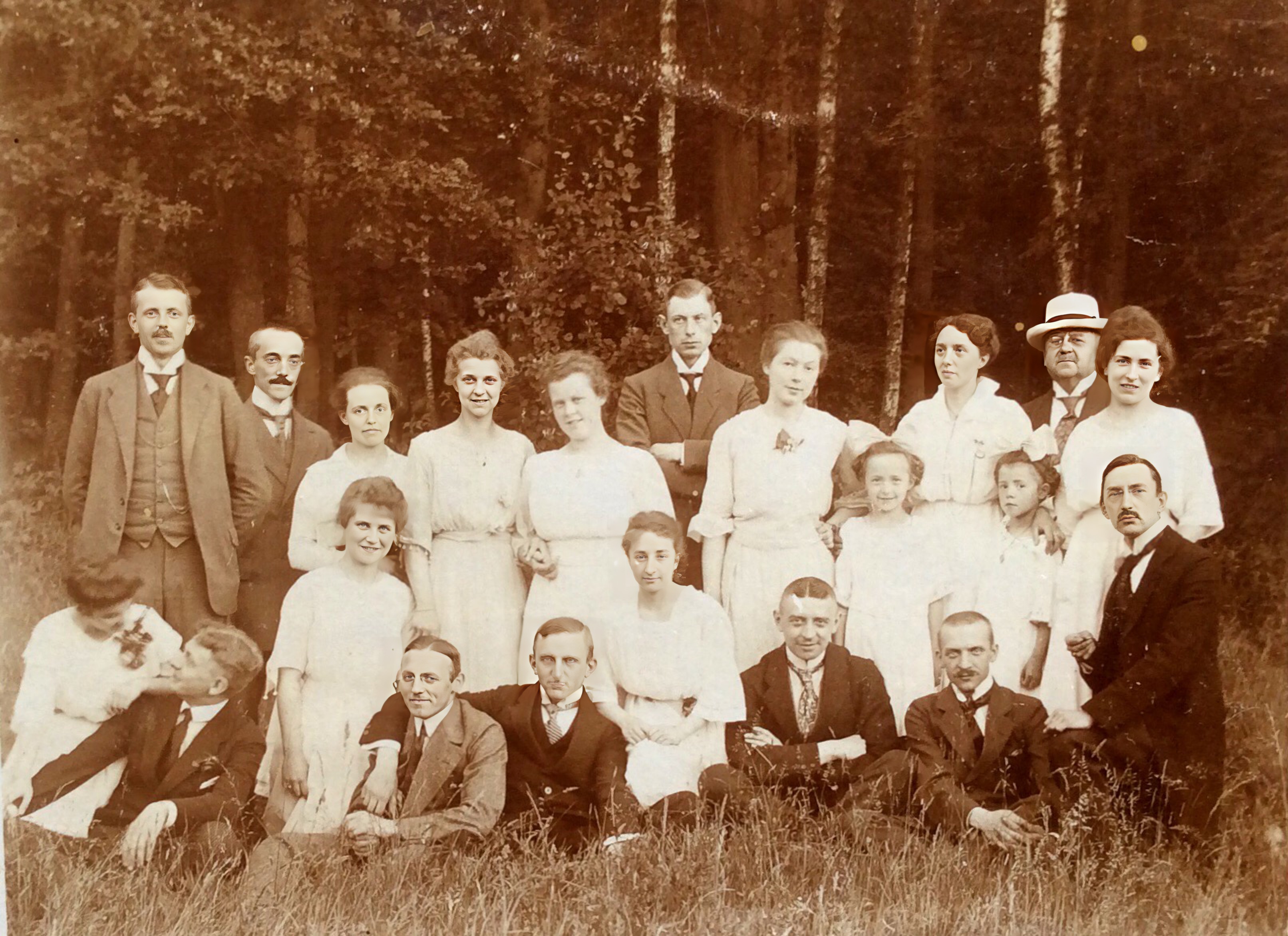 FIRST DAY OF SPRING 1919, GERMANY...MY GRANDPARENTS, BACK ROW ON THE RIGHT AND MY MOM AND HER SISTER IN FRON OF THEM...ALL LADIES IN WHITE, SPRING DAY PICNIC IN THE MOUNTAINS..