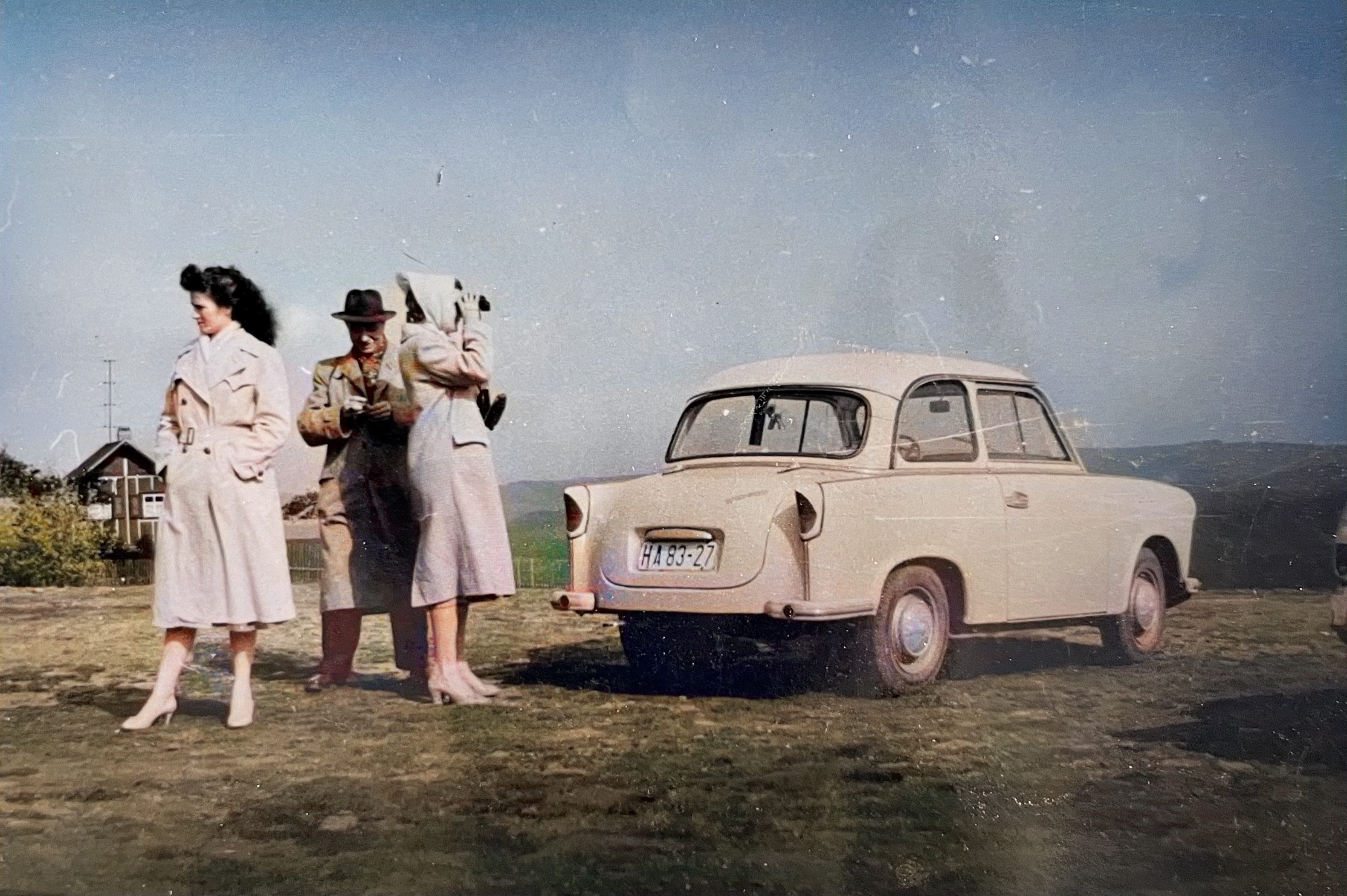 3 spies in Eastern Germany or Grandma and Grandpa  on a roadtrip with friends in their Trabant P500. German Democratic Republic, Thuringian Forest, 1960s 