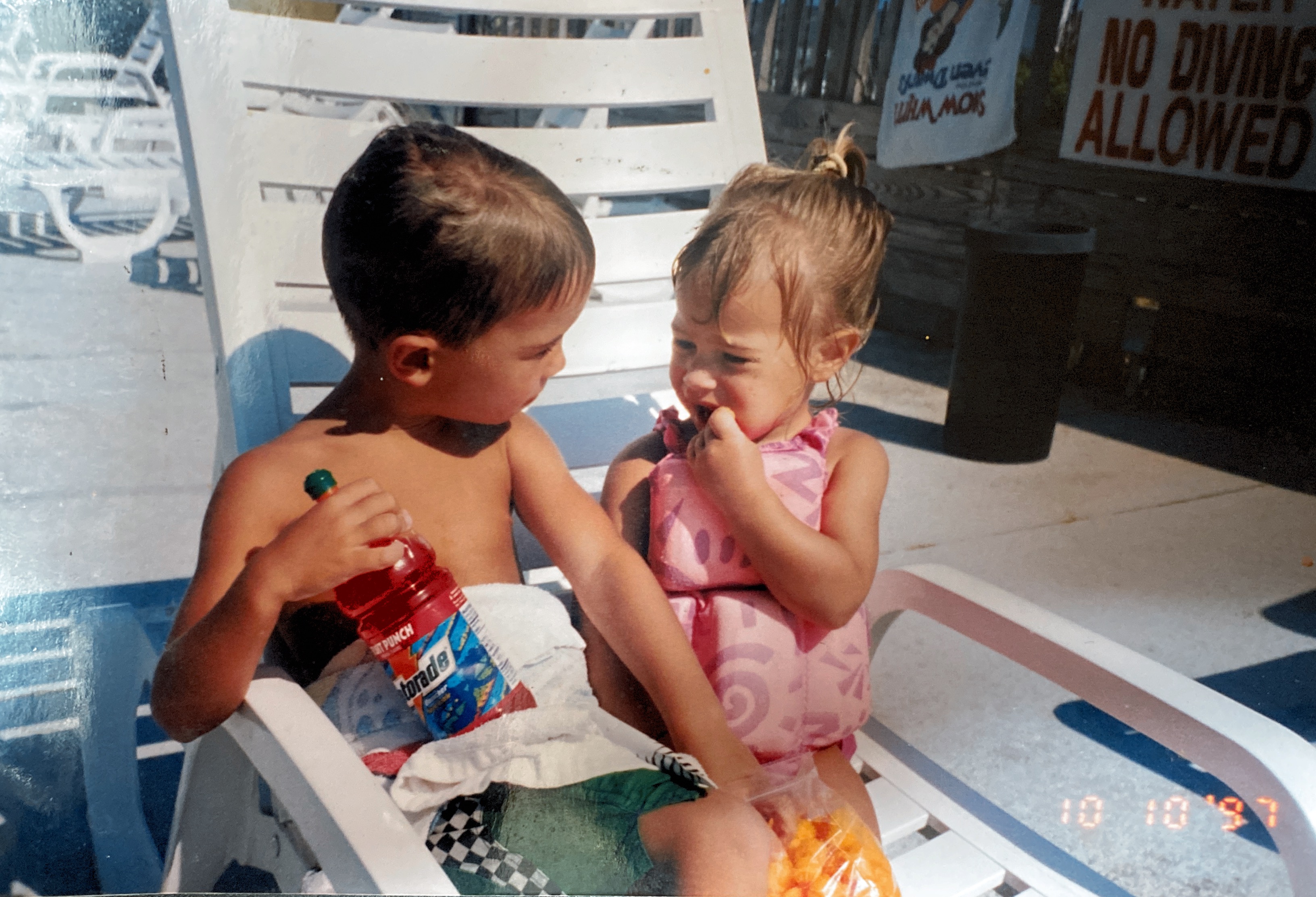 Adam and Bethany sharing snacks at the beach! Surfside Beach, SC 1997