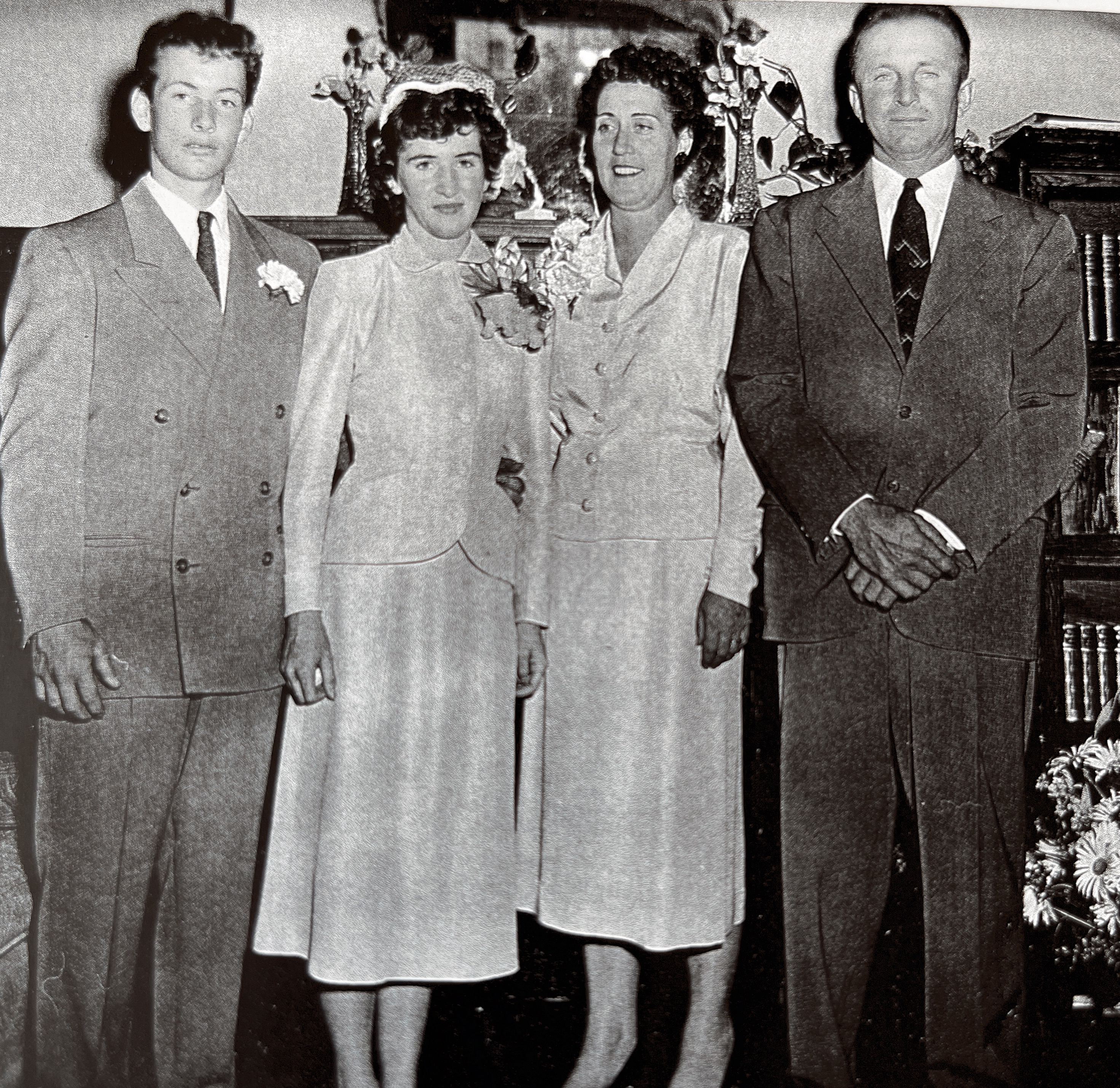 Brent Hall, Kaye Robinson wedding day with Kaye’s parents, Ruth Robinson and Rex Robinson. July 23, 1954 at the Robinson home in Lava Hot Springs.