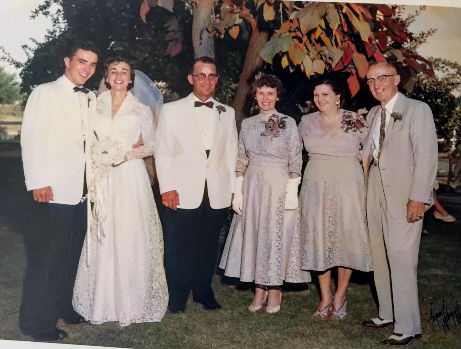 August 7, 1954, both sets of grandparents at my parents wedding. My grandmother in the gloves died 10 days after this picture was taken and my  granfather, the far right dird one year after this photo.  The  grandmother left  was my hero, the  grandmother I try to be. Sadly the bride also died too soon at age 47