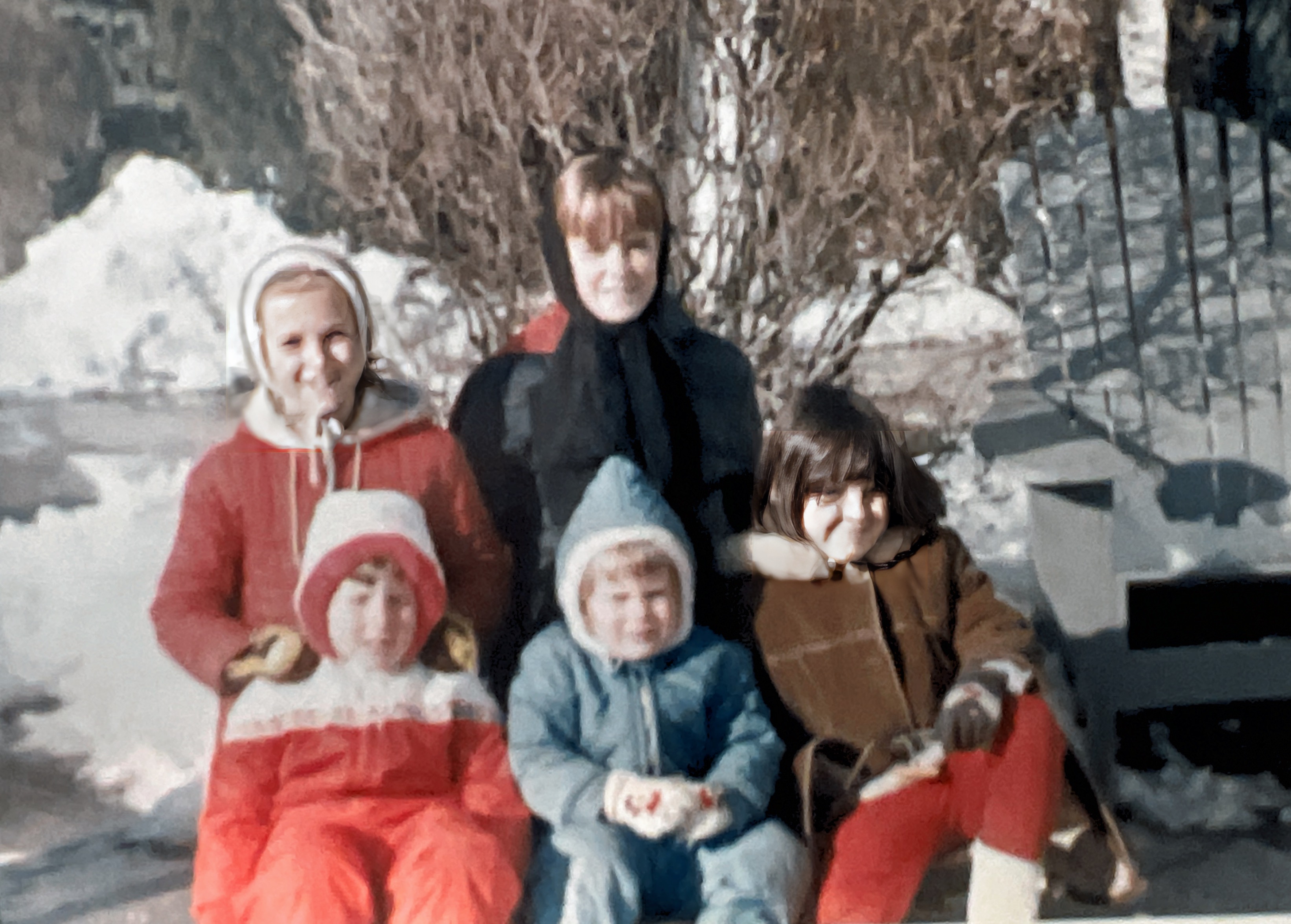 January snow day, 1965. Susie, Kathy, Jean-Marie, Ruth-Ann, and Terry Daily. ❤️❤️❤️