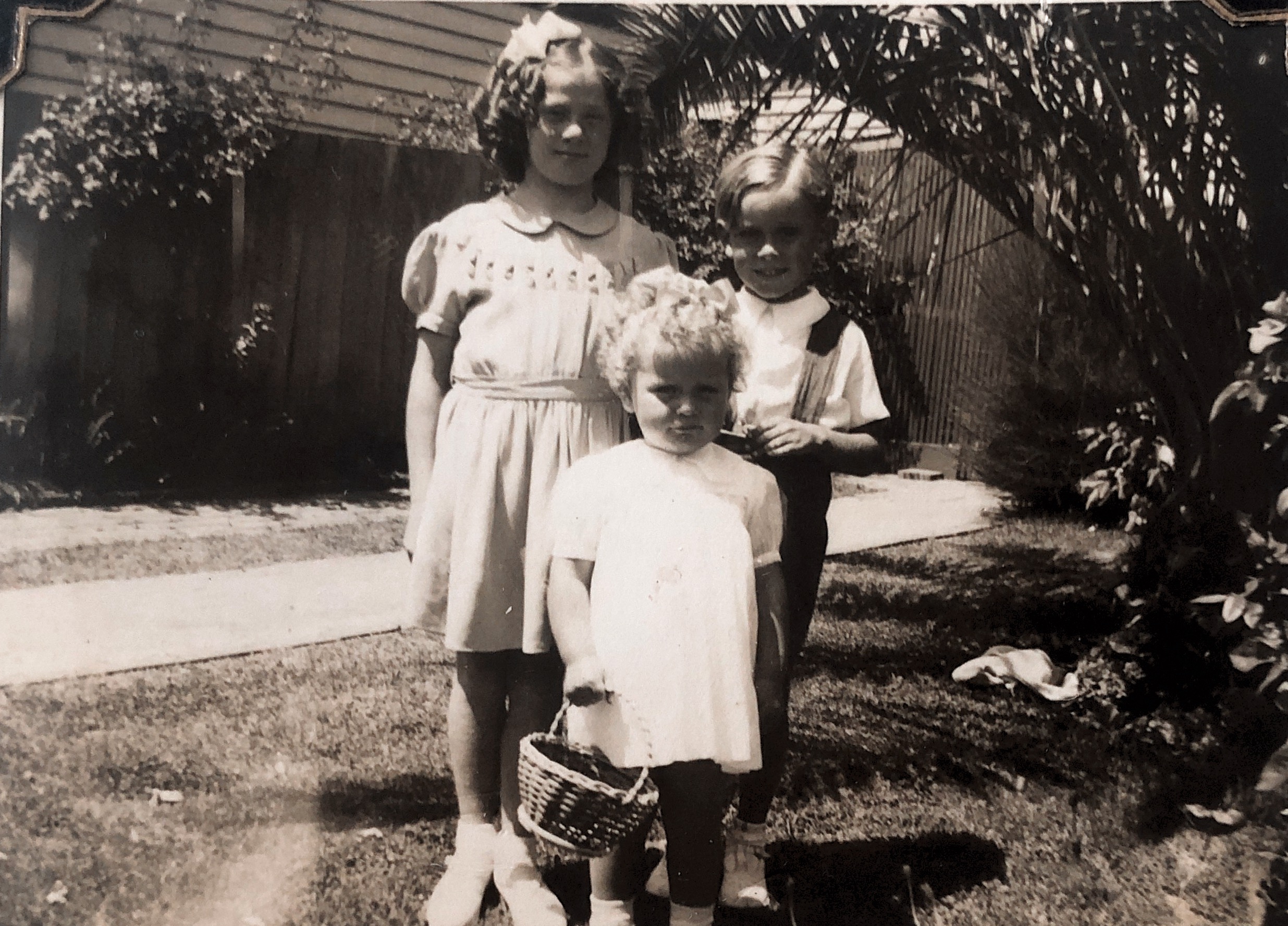 Jan and Noel Le Plastrier and friend at Cooma St Preston (Aunty May Jonas house) 1943.