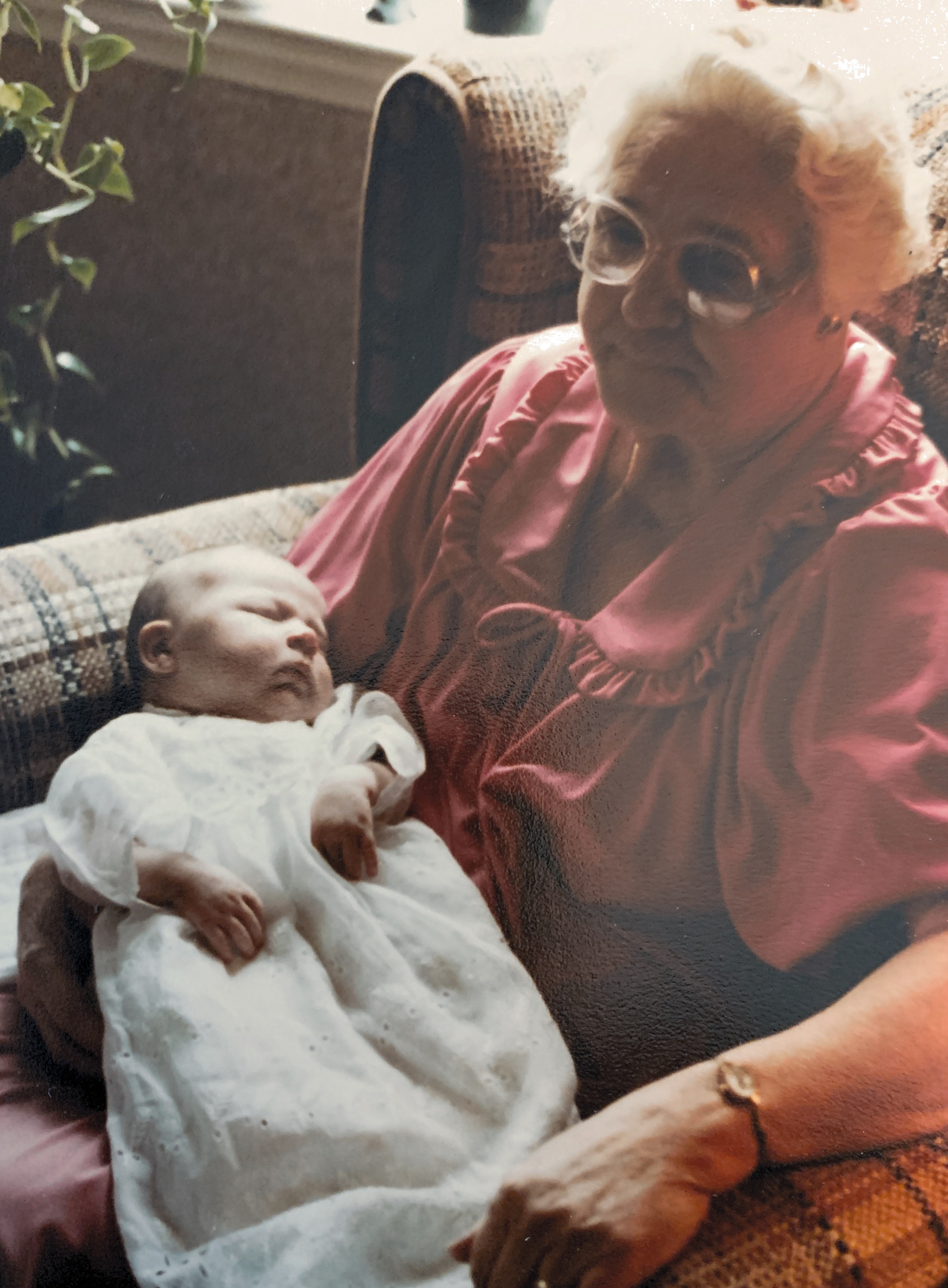 
Christening Day Nov 1982 holding great granddaughter wearing the dress she had made in 1954.