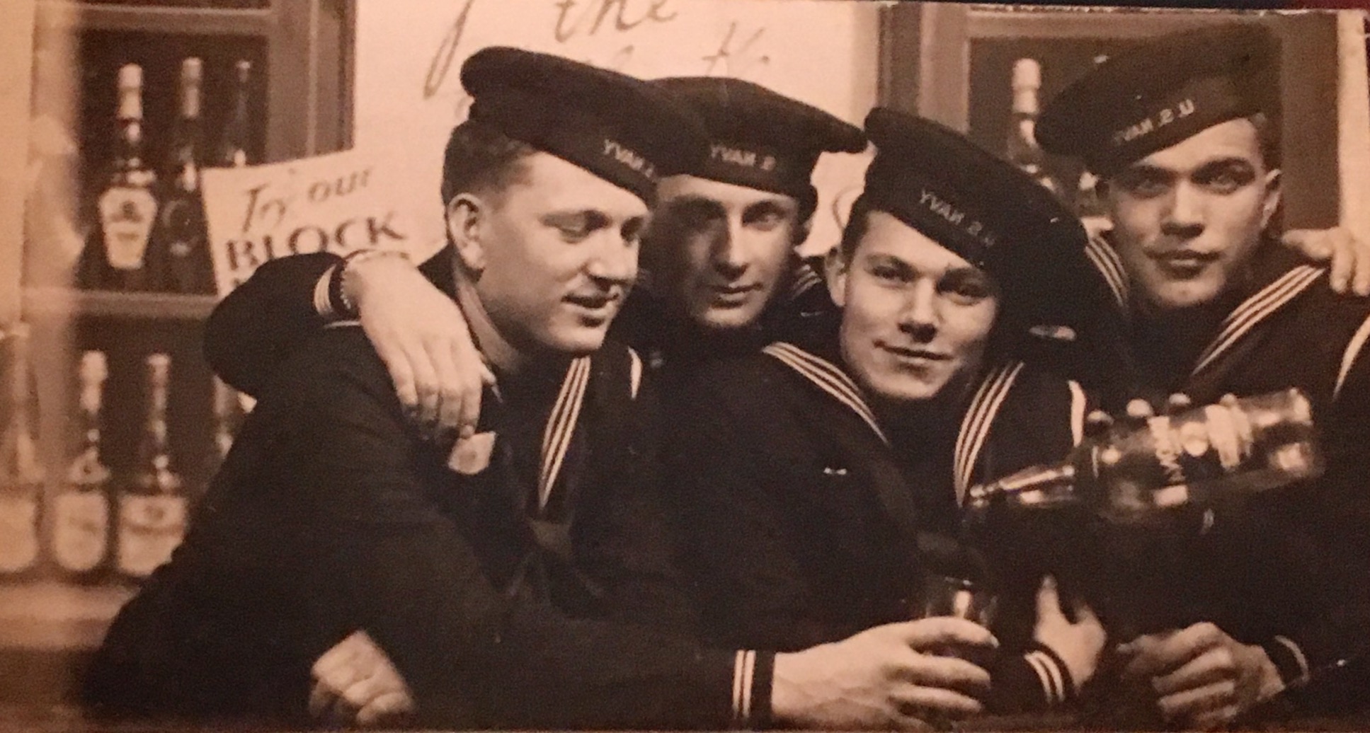 My dad Wally on left and his mates.  Submarine sailors in South Pacific 1943 WWII.

