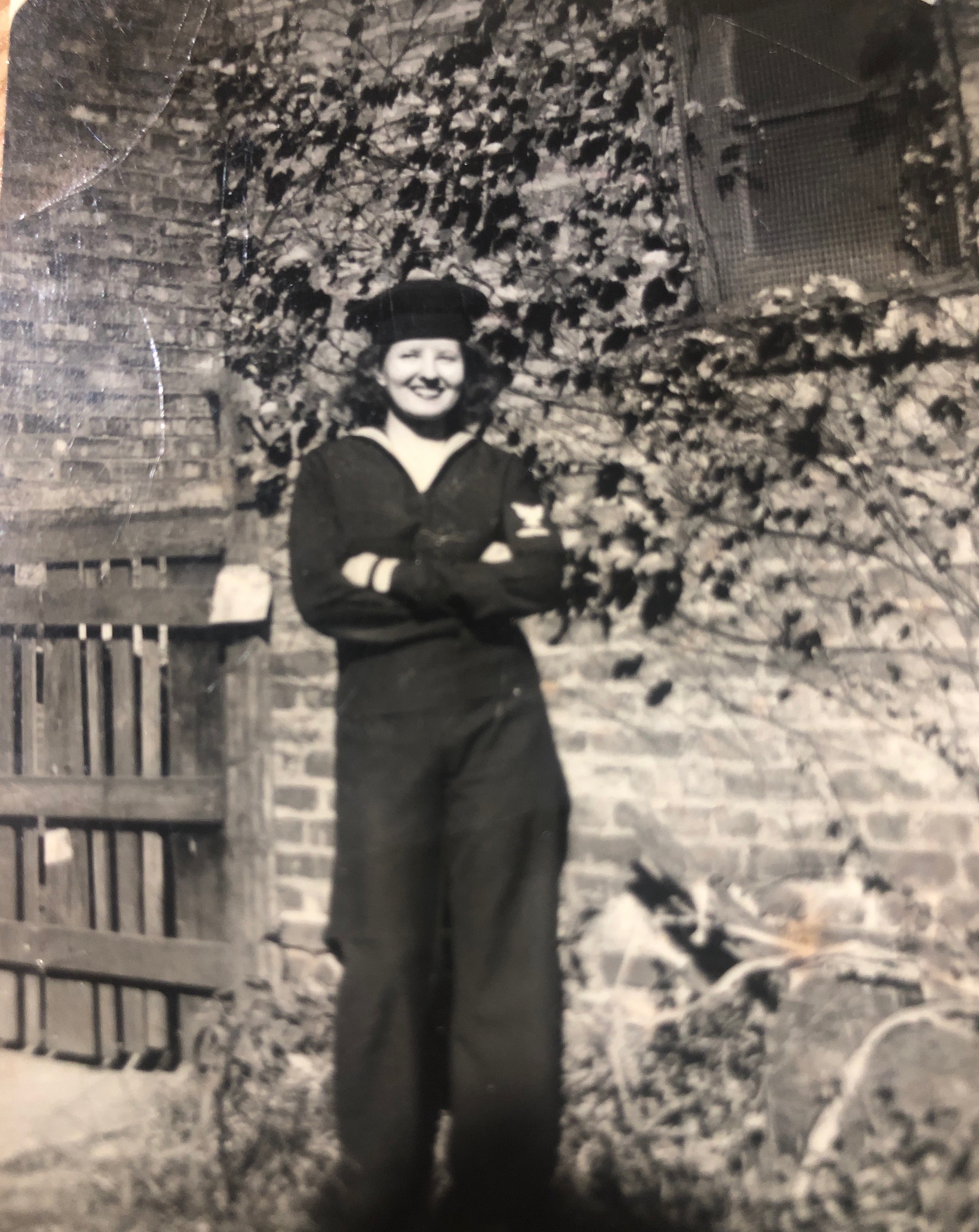 My mother Lillian Russell Shuey in my father’s navy uniform. Circa 1943. My mother was 21 years old. Taken in Illinois. 
