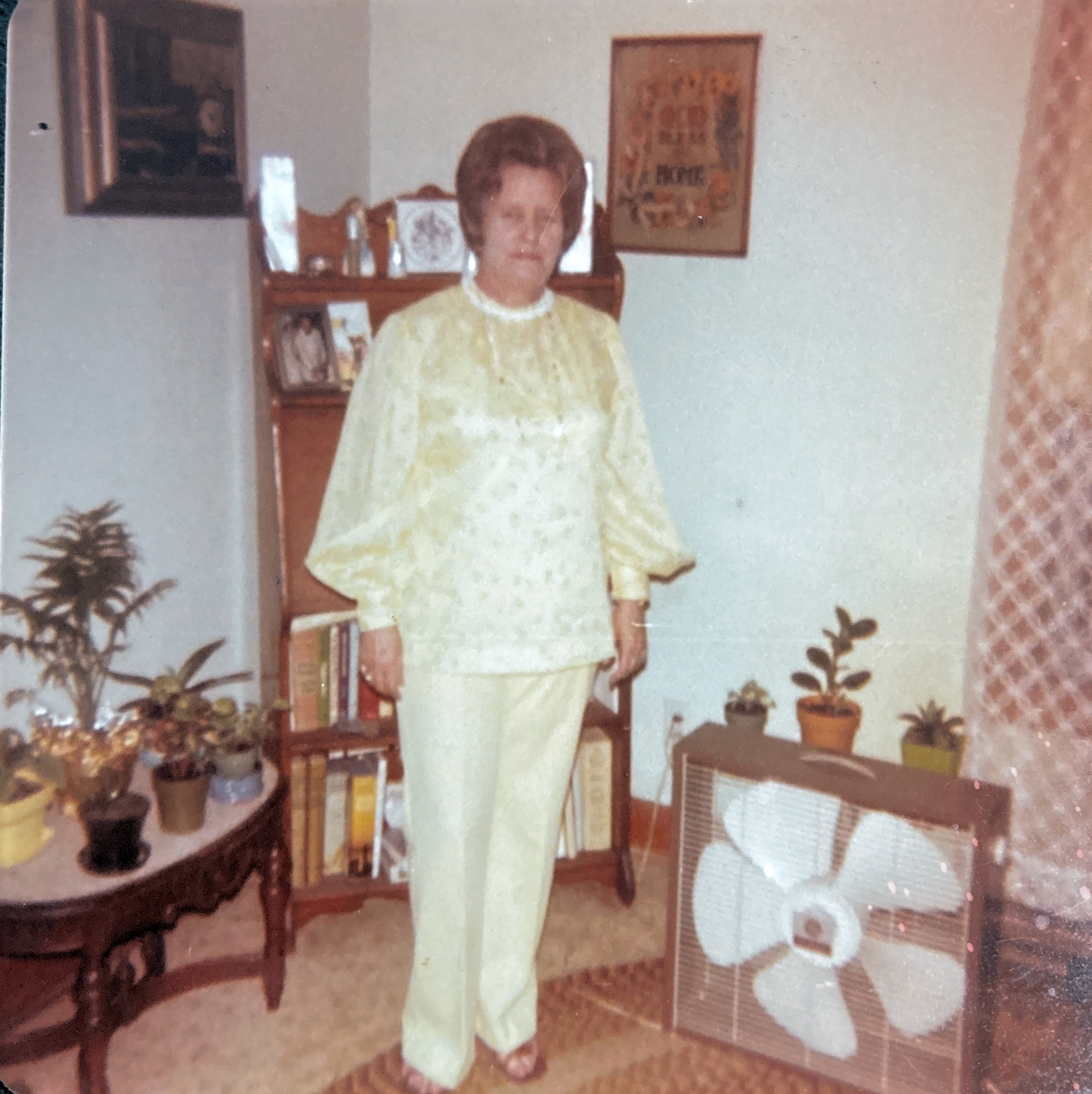 This is a picture of my beautiful mother and on the back it says her name and it says it was taken around 1965 or 68 and then she wrote I made the complete outfit! And then 39 years old. Bless her heart she was so talented in so many ways!