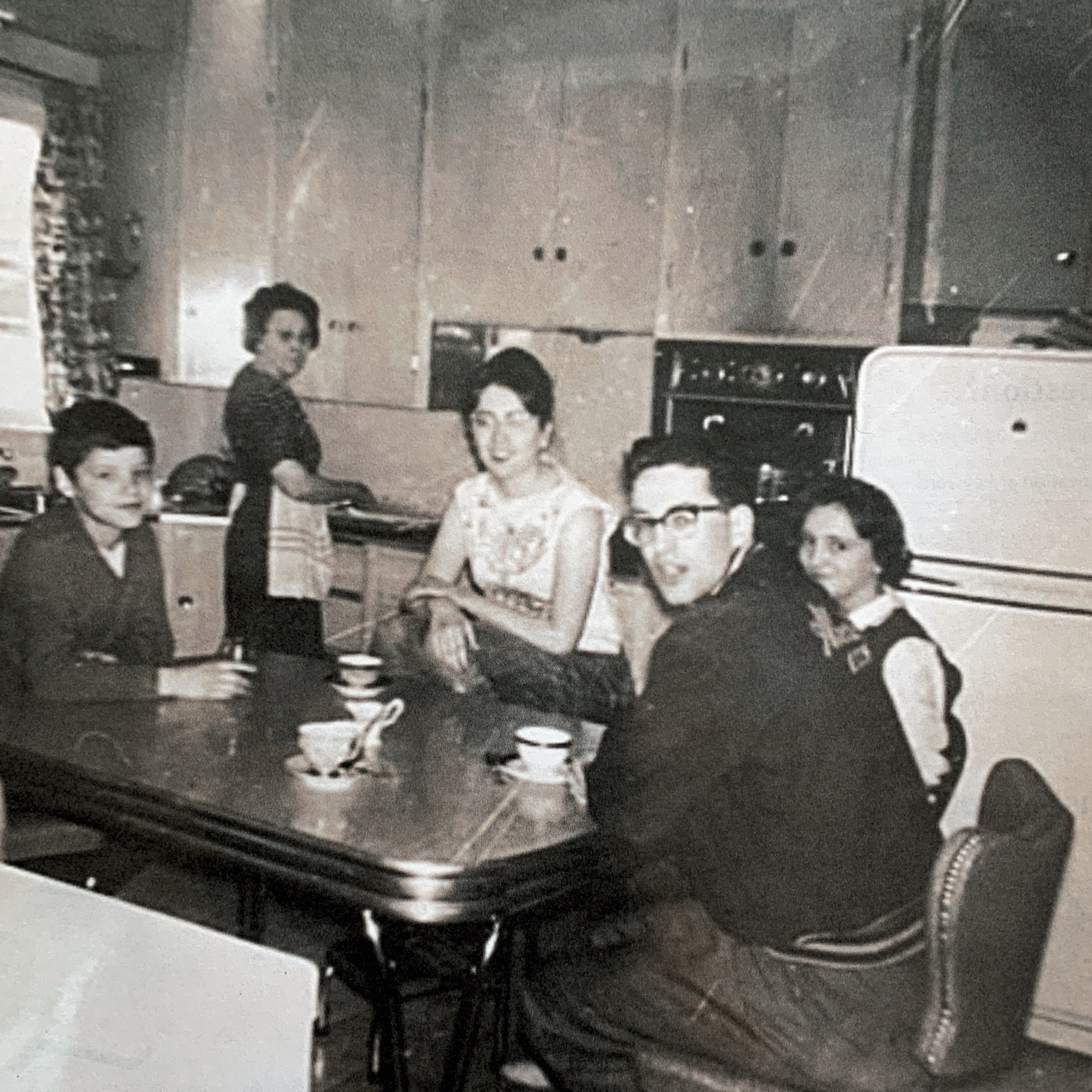 At Hittingers house. Left Right Raymond, Mrs Lucille Hittinger, Sylvia, Jean Louis and Gloria. 1961.