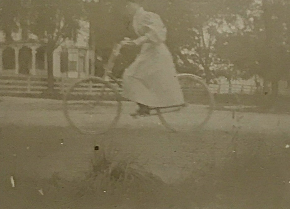 Grandfather's photo of grandmother on her new bike, Plainfield 1899