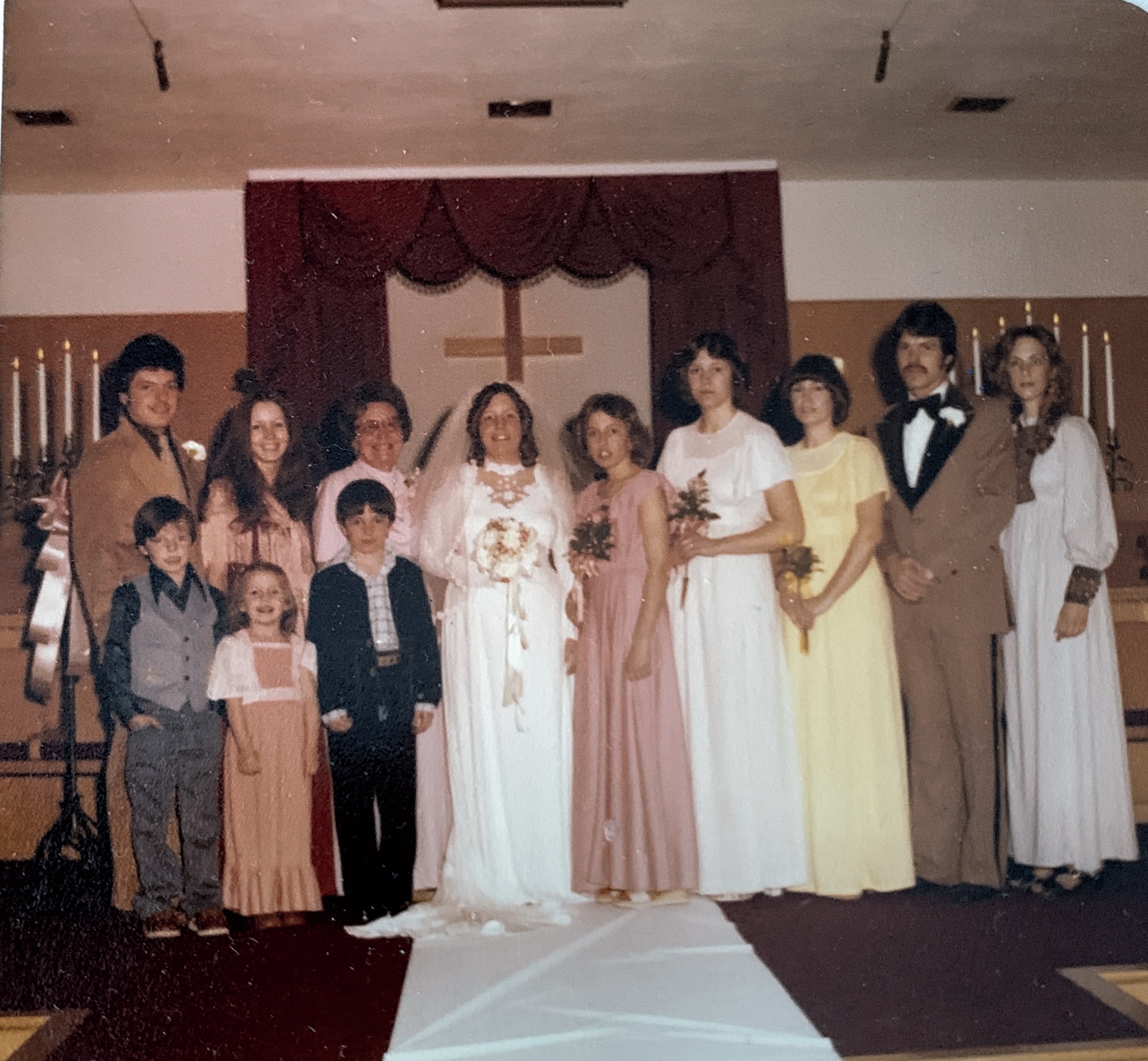 Jerome, Linda, Mom, me, Debi, Lisa Gail, Kaye, Phil, Lisa Shannon. Front row is Jerome Jr, Tina Marie, and Greg. Picture taken March 18, 1978. MY WEDDING DAY.