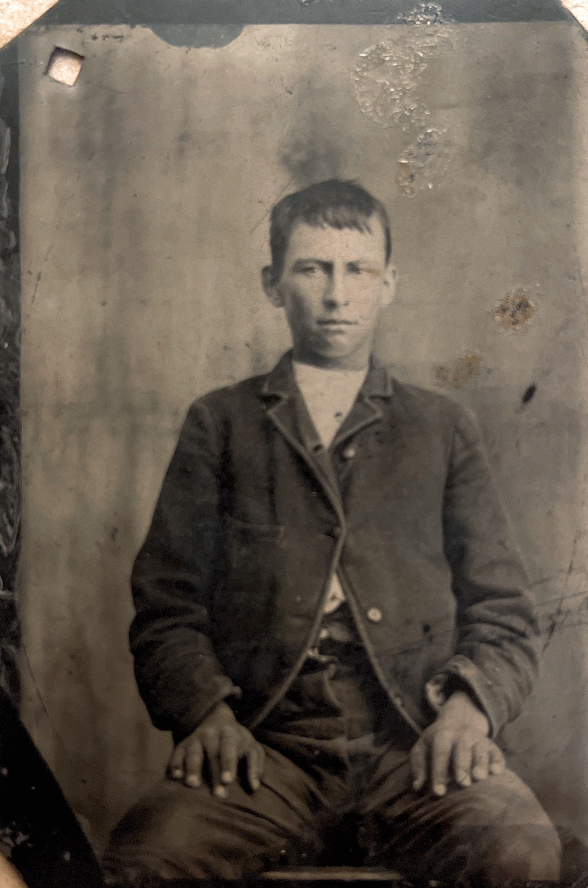 Grandpa (Edwin Chatman) Kerley about 16 years old. Taken approximately 1888. Tintype photo.