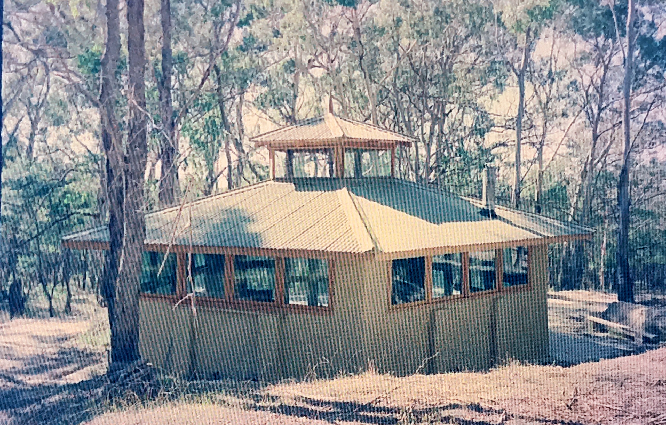 The Coorabin Temple Built in about 1994-5 Pentagonal format with Reciprocal supported roof  With steel collar-tie wall surround. Mudbrick on quartz based foundations. Recycled tramway red gum block floor and Recycled Double glazed windows and doors. Recently destroyed by bushfires 22 February 2024