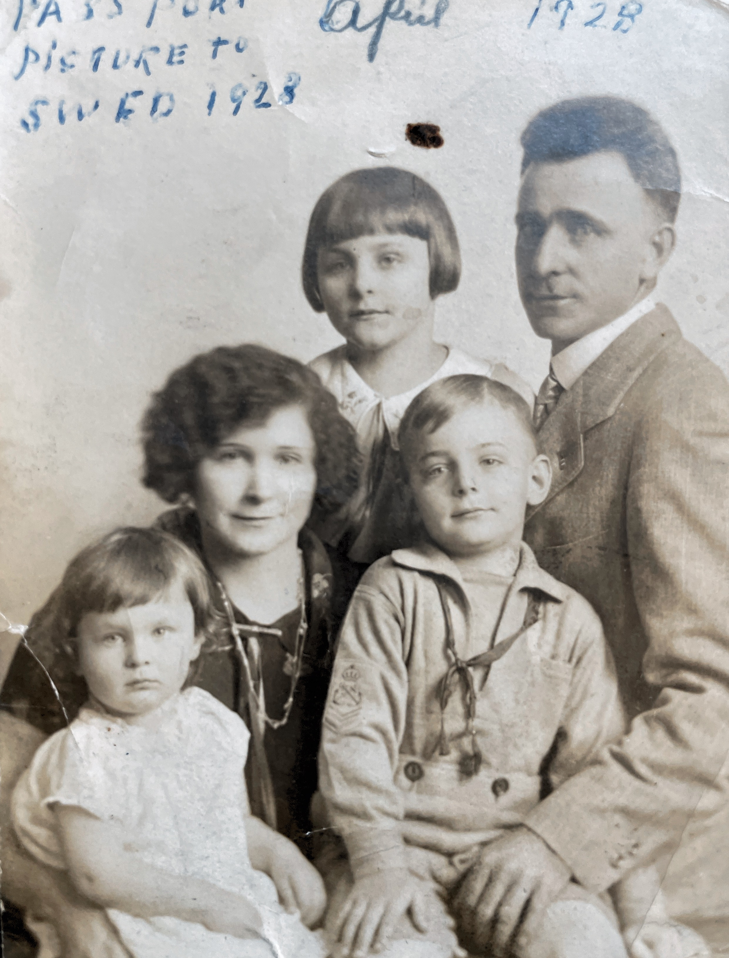 Grandparents, my mother and her siblings - passport photo 1938