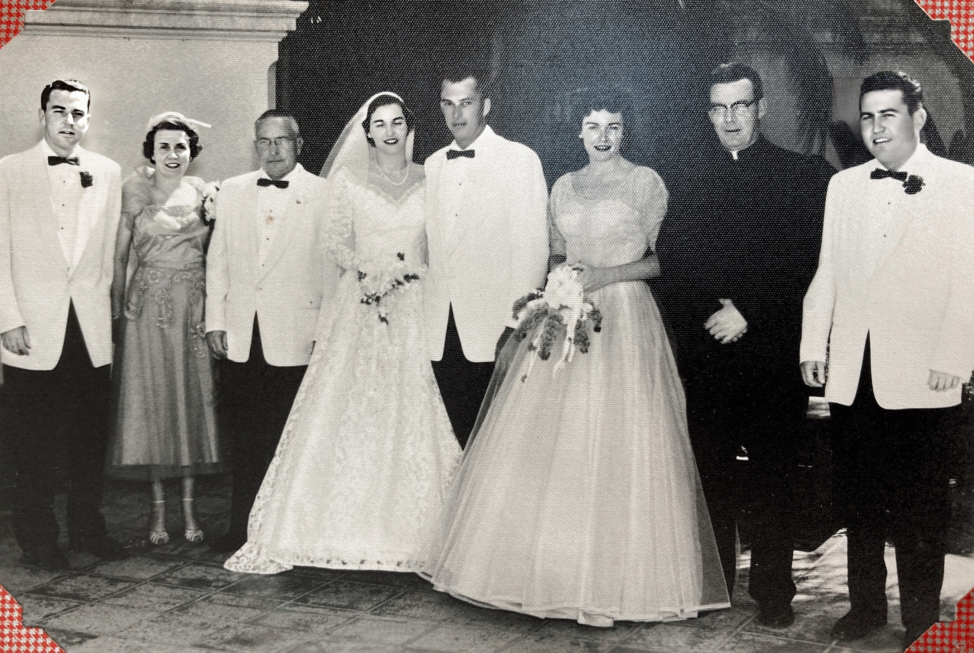 Wedding 8/21/1954 Roberta Bauer and Jim Engelschall
L-R Jack Bauer, his mother Mary, father Bob Bauer, Roberta (bride) Jim (groom) priest and ?