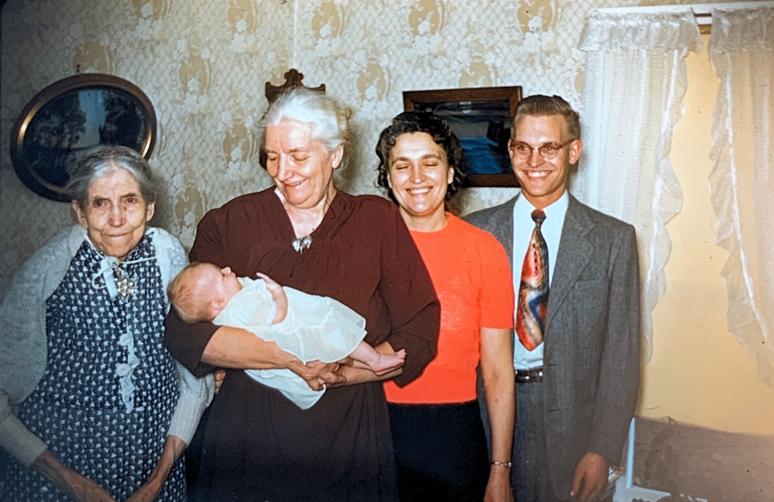 2/1952. Five generation picture. Ida Buell, Etta Nygren, Idella Benintendi, Floyd Benintendi, and Floydean Benintendi, one month old