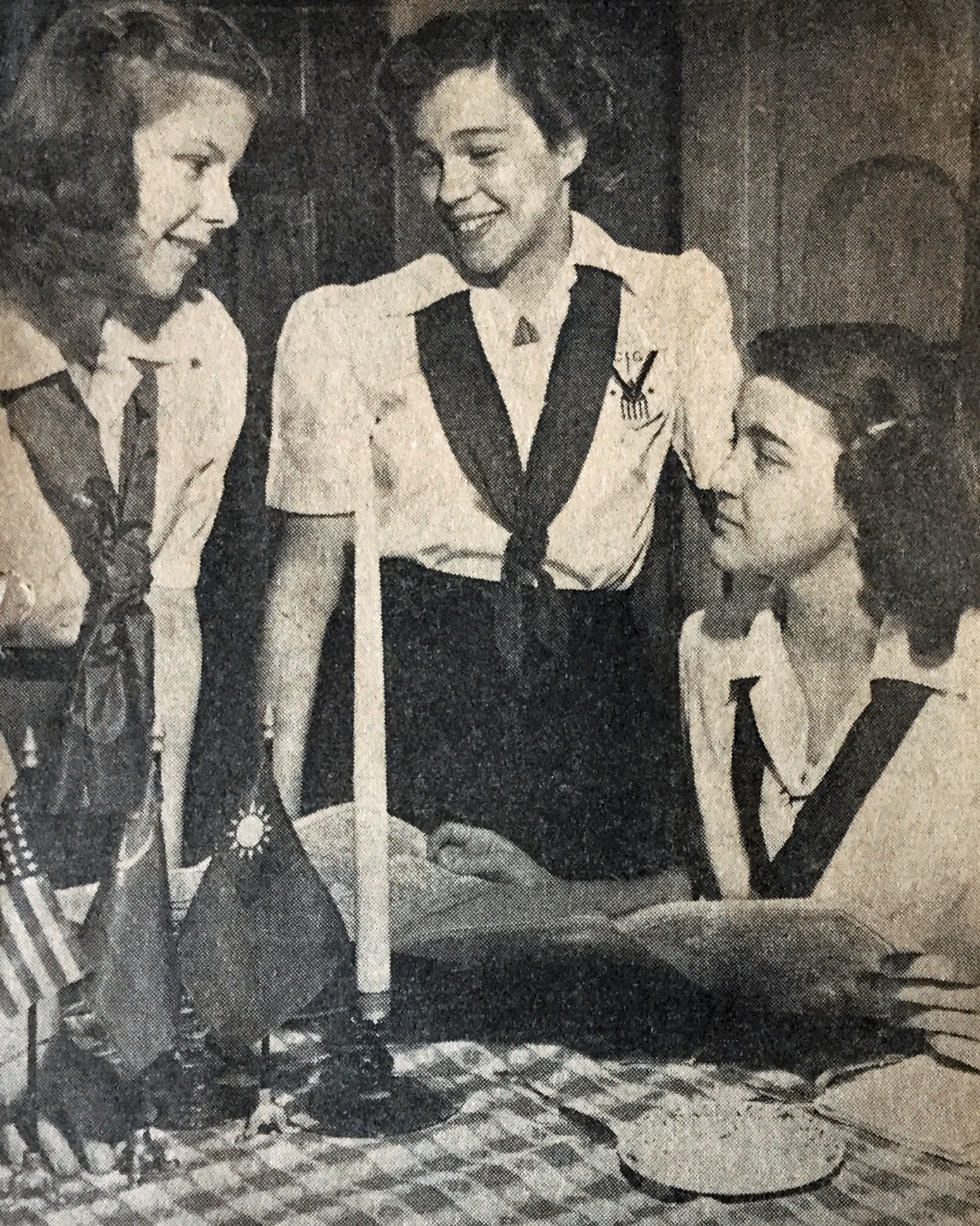 Barbara Hoehne, right, Campfire Girl, April 1945
Caption under photo from Minneapolis Daily Times:

Typical of the Campfire Girls’ observance all over the nation today marking the opening of the world security conference will be the Dutch dinner and candle ceremony held tonight by Monokasee group at the home of Corinne Brown, 5201 Clinton Av., center.helping her with arrangements are Pam Rogers, 5344 Clinton Am., left, and Barbara Hoehne, 5341 Third Av. S., right.  This is the fourth internation