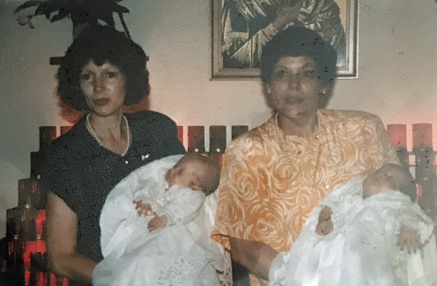 Baptism of twins Erik Lawrence and Mark Finlay Leyden with Godmothers Jeannie Green (L) and Juanita Green (R) in 1988.