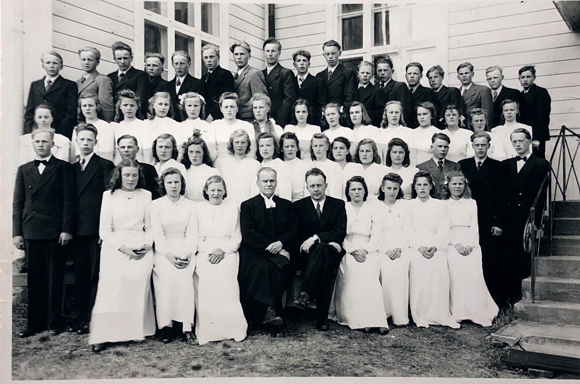 Confirmation, Finnish lutherian church, year 1948. Age fifteen. My mother is on the first line. First left. 