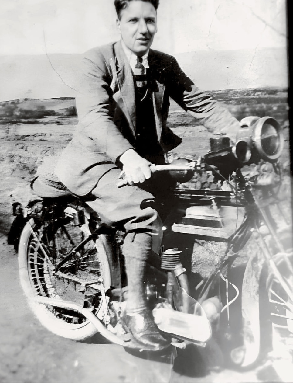 Grandfather James Cameron on his 1915-1923 Triumph Model H.