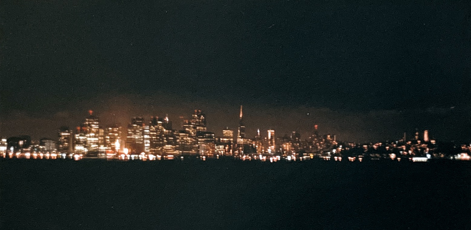 Sailing at night to the city lights San Francisco 1991