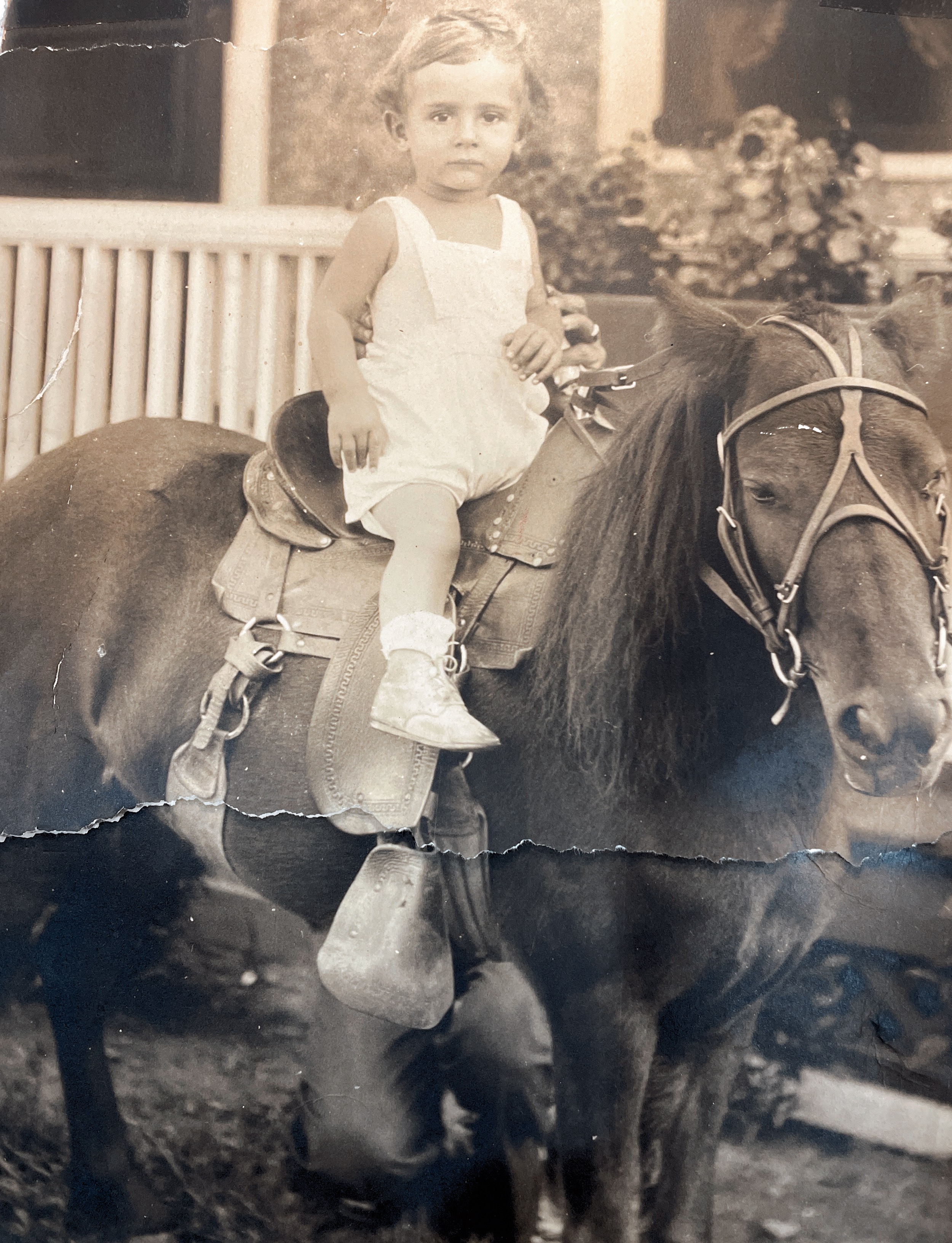 Uncle Warren, 1 year old. Papa is holding him on the horse. 1938