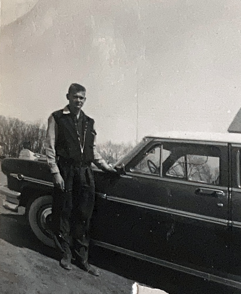 Dad at 14 and 1954 Mercury in front of the farm house near Borden, Saskatchewan 