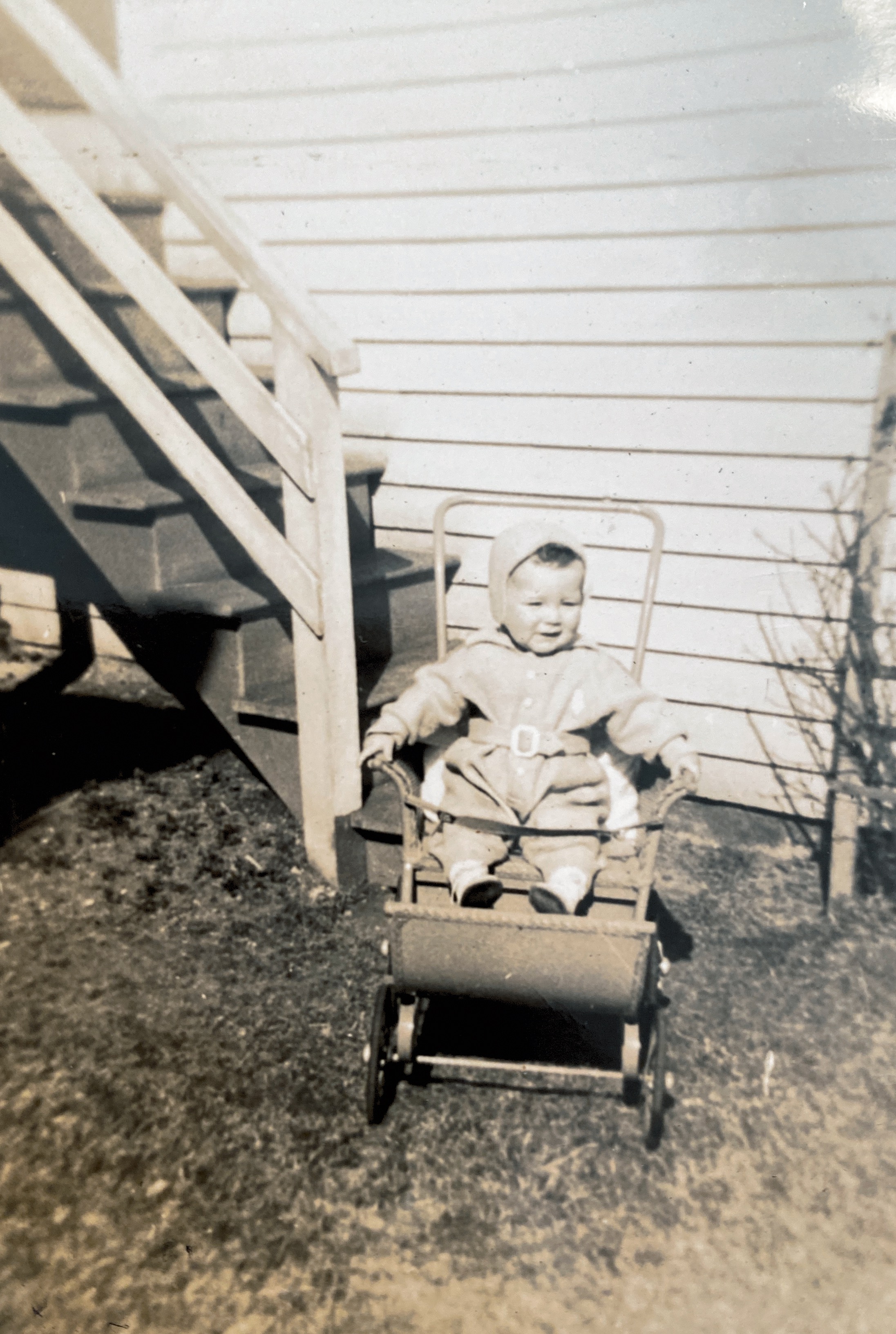 My Dad, Paul Levesque. Close to a year old 1944-1945. He’s dressed Like  Randy from A Christmas Story.   