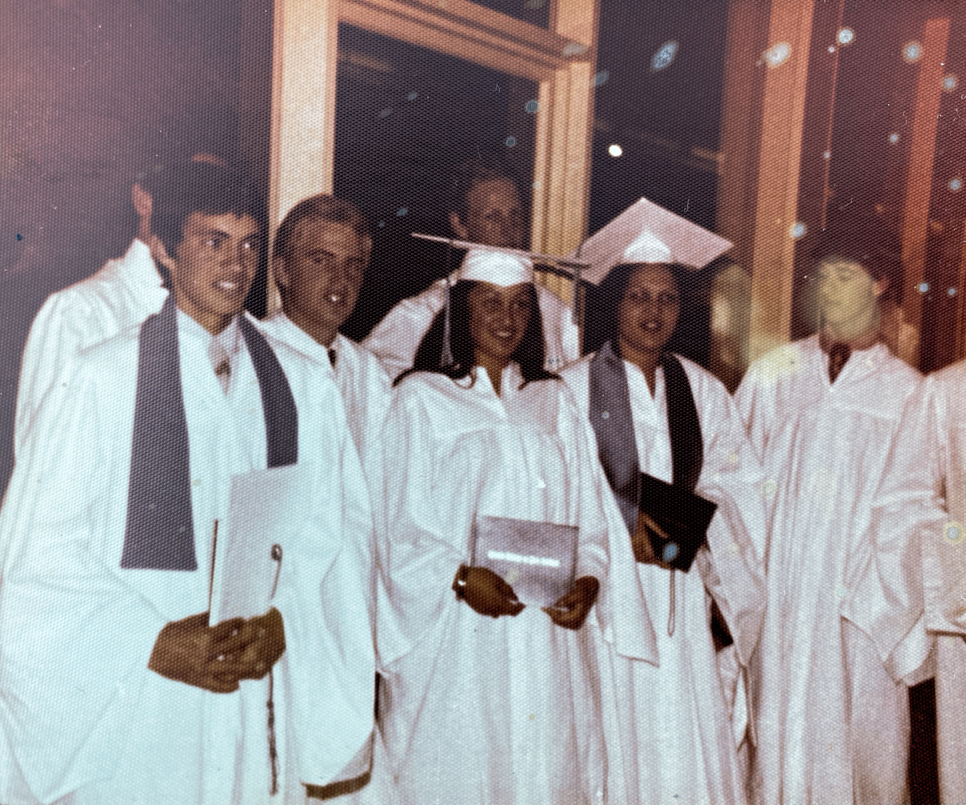 My graduation at CCNZ in 1976.  
L to R: David Gilgen; James Whaanga (back); Glenn Barker; Me; Evan Hughes; Lynda Aupouri; (?) Murphy