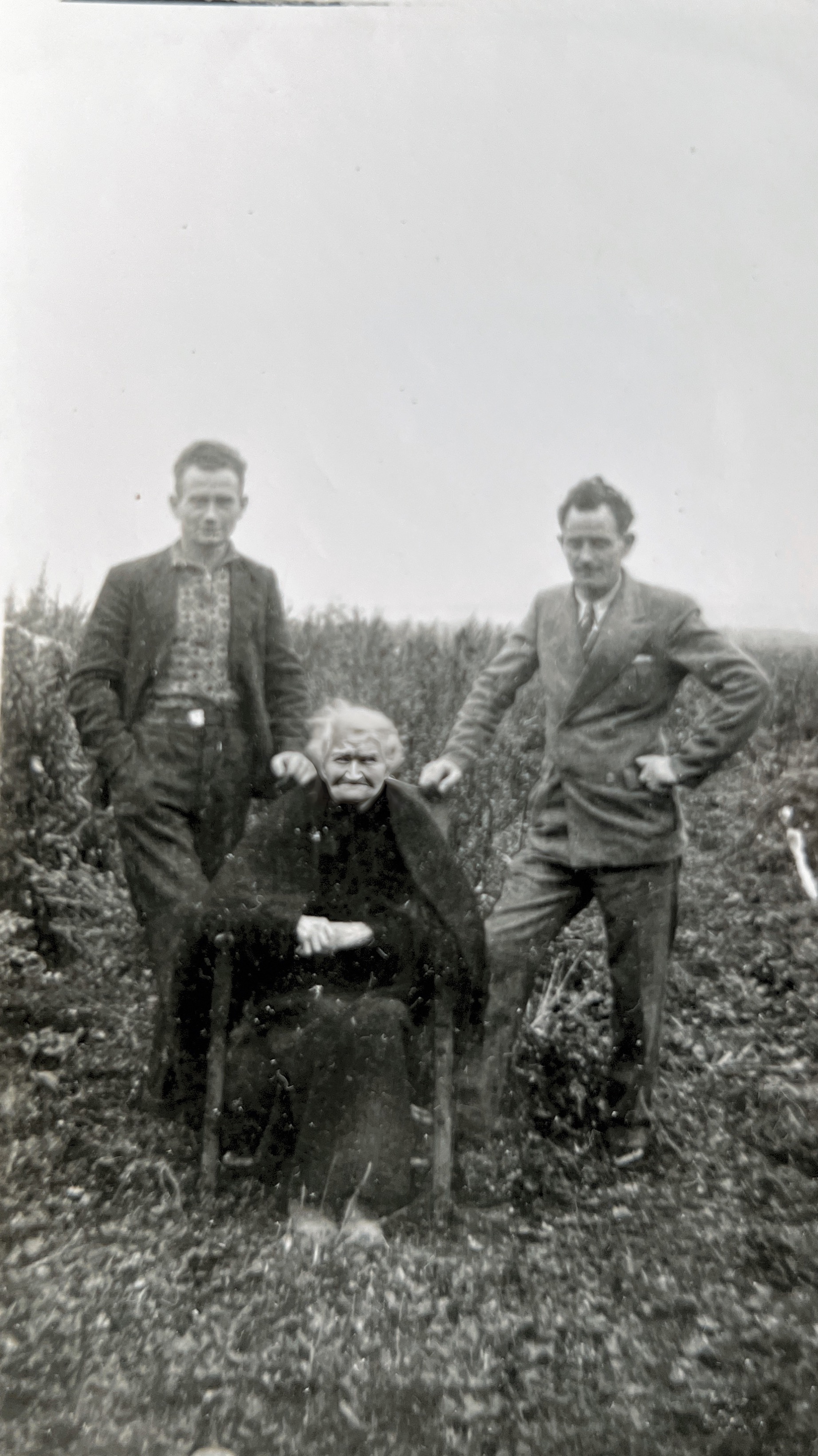 Jack and Joe Marrinan Bidsy Lahiff, age 94 Kilfearagh, 1937 Grand aunt of Jack and Joe Had 21 children. Lived in country  Had been in bed. Came outdoors for photo taken by Mary Campion Marrinan (Joe’s wife)
